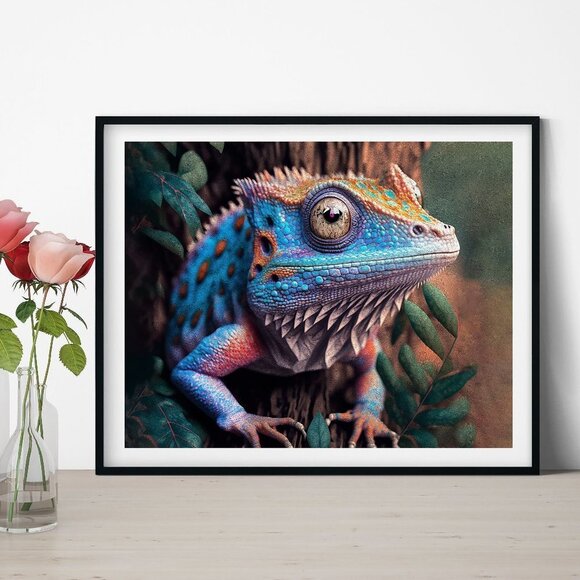 8x8 or 8x10 Chameleon Gecko Lizard Fantasy Art Watercolor Oil‎ Painting Print - Picture 1 of 8
